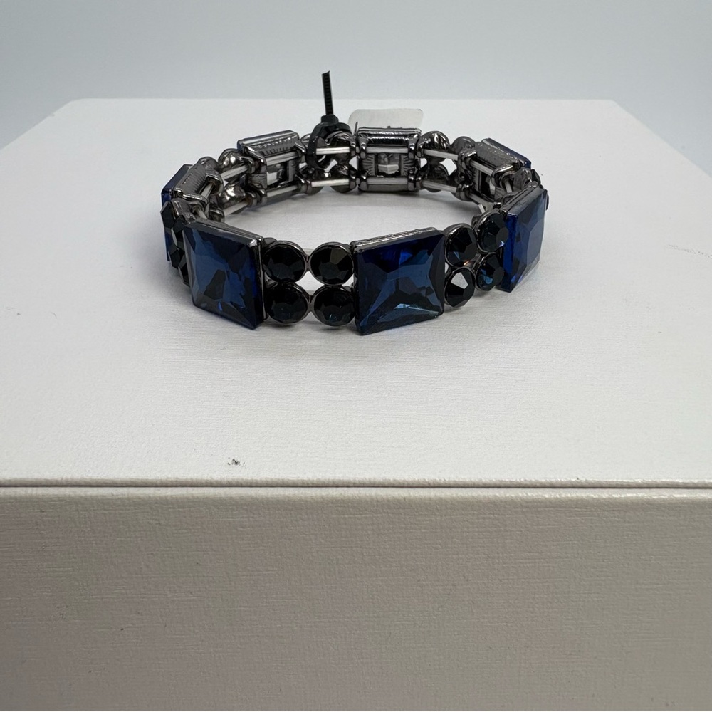 Dark Blue And Navy Blue Crystal Stones Stretch Silver Tone Bracelet, Brand New